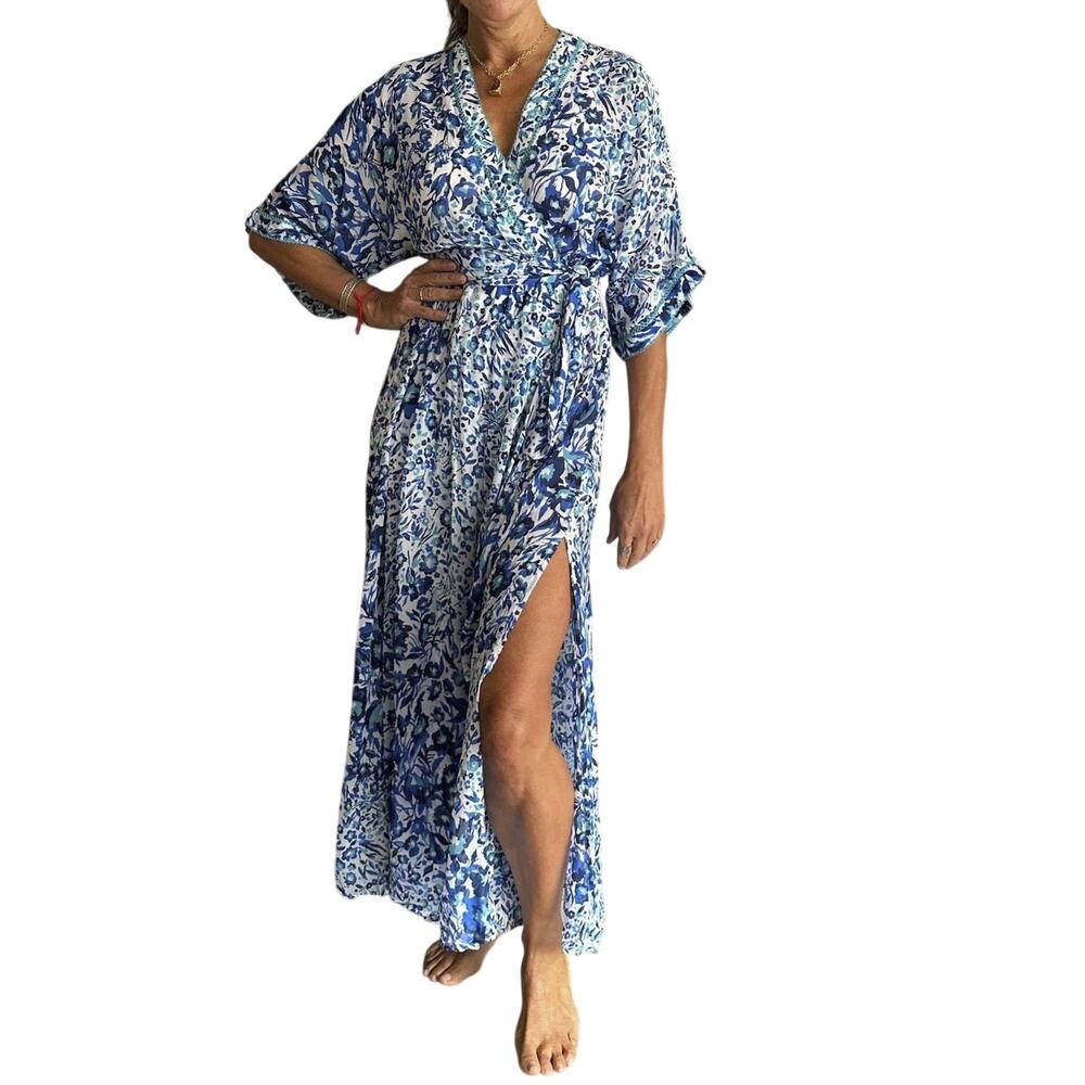 Poupette St. Barth Adha Blue Floral V-Neck Flowy Boho Maxi Dress Size Small